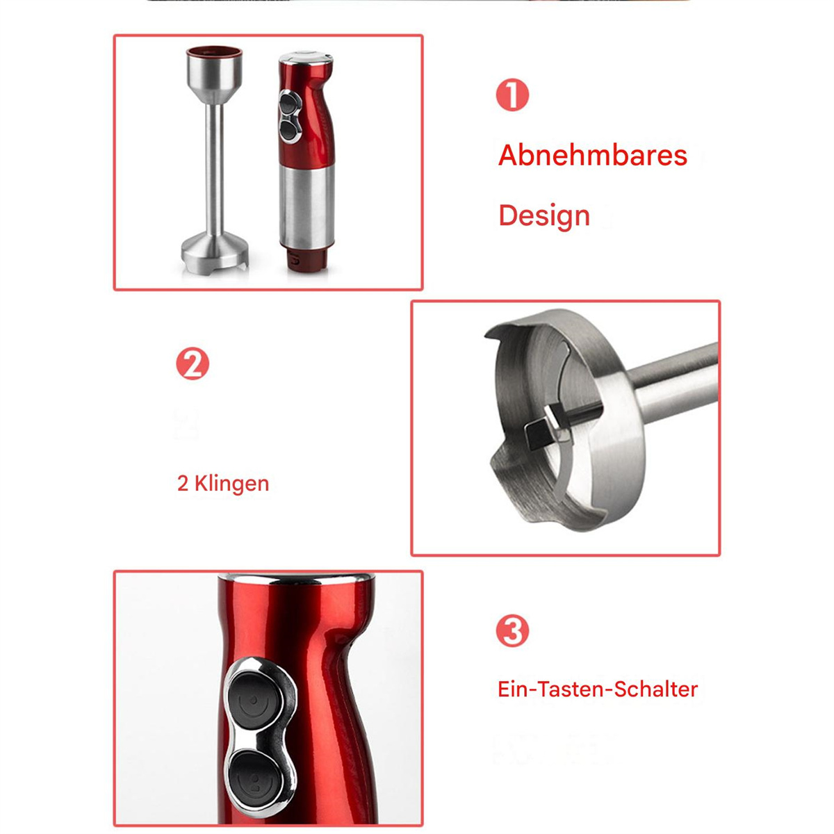 Ein roter und silberner Handmixer mit abnehmbaren Teilen.