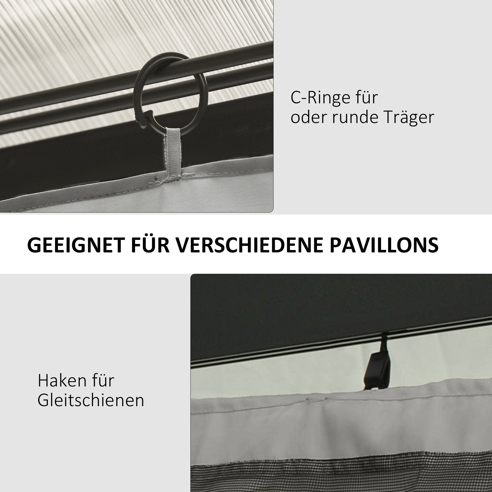 Das Bild zeigt Teile eines Pavillons mit Haken und Ringen zum Aufhängen von Vorhängen.