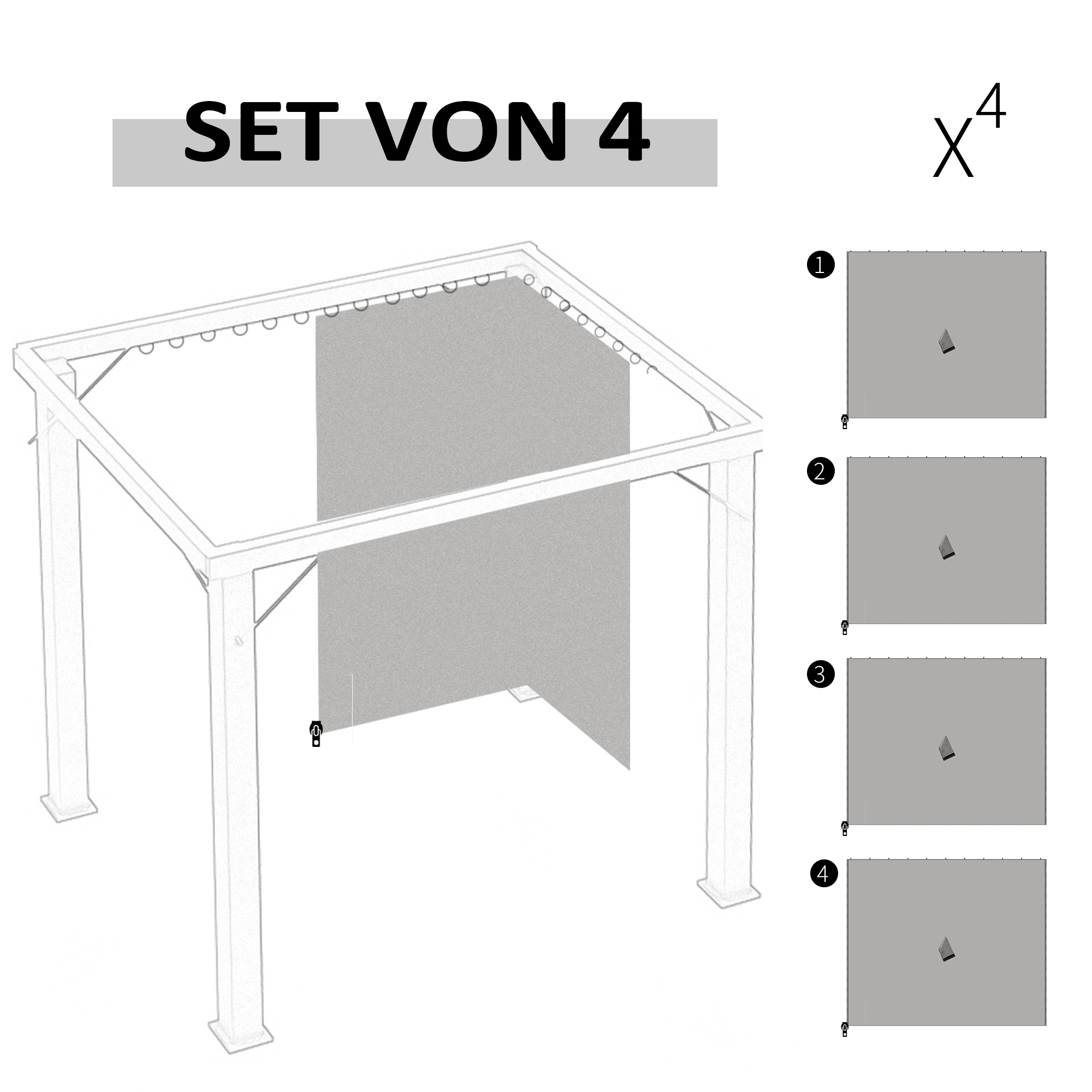 Weißer Metallpavillon mit grauem Vorhang, mit vier Bildern, die verschiedene Positionen zeigen.