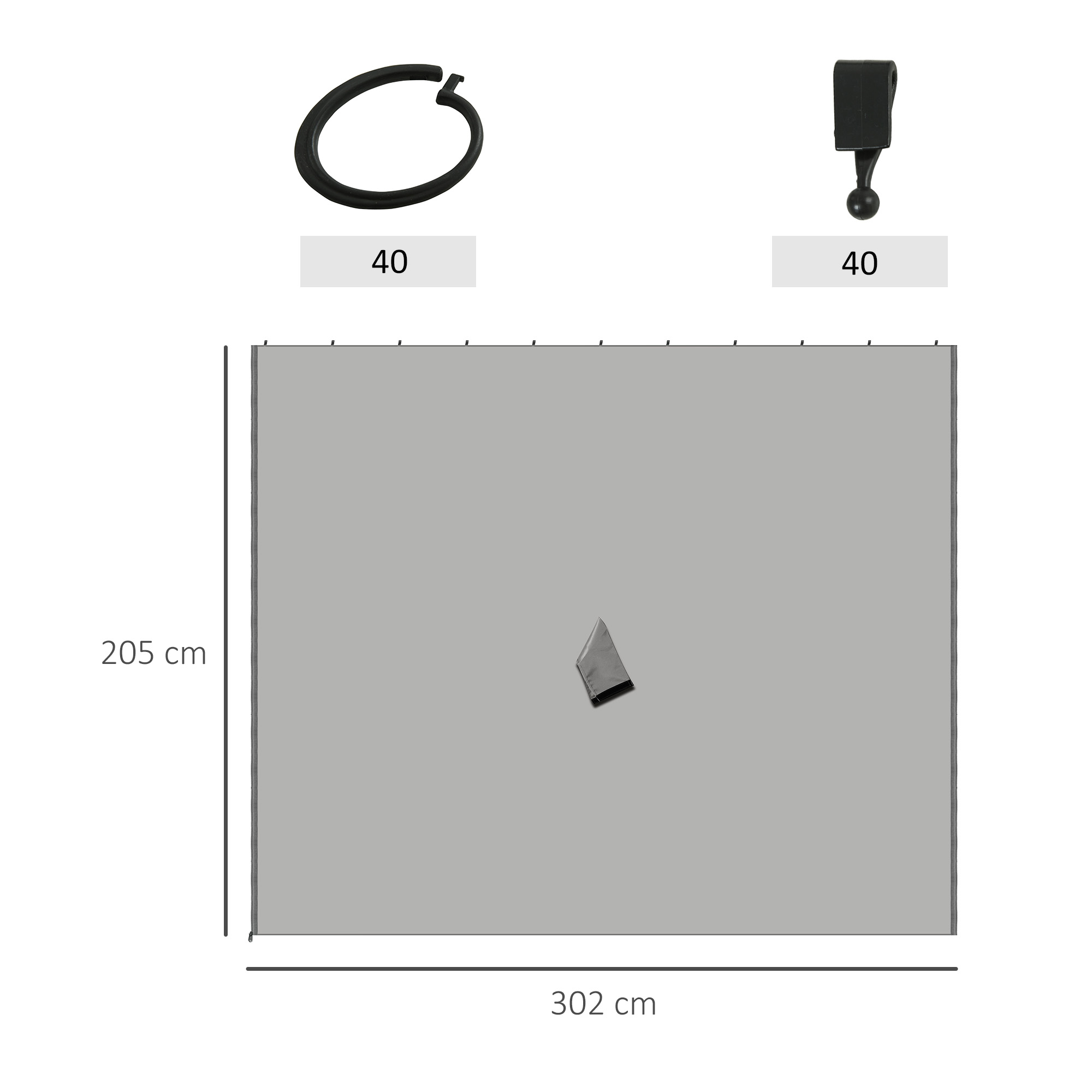 Material de cortina gris y un anillo y clip de cortina negros.