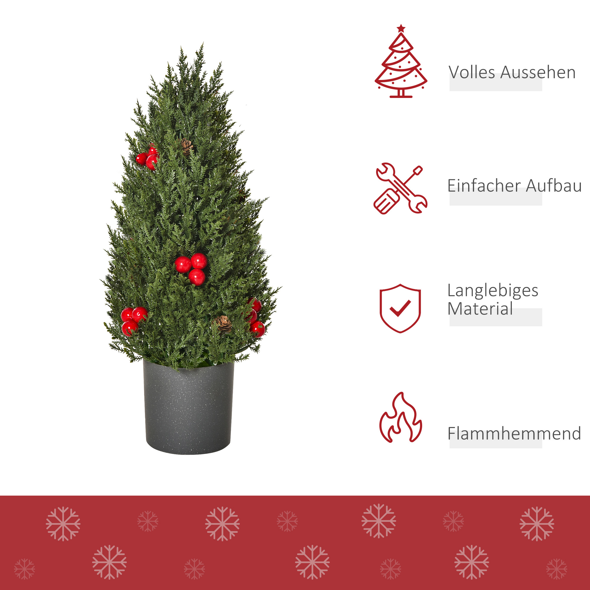 Weihnachtsbaum mit roten Beeren in dunklem Topf, Grafiken mit Icons.