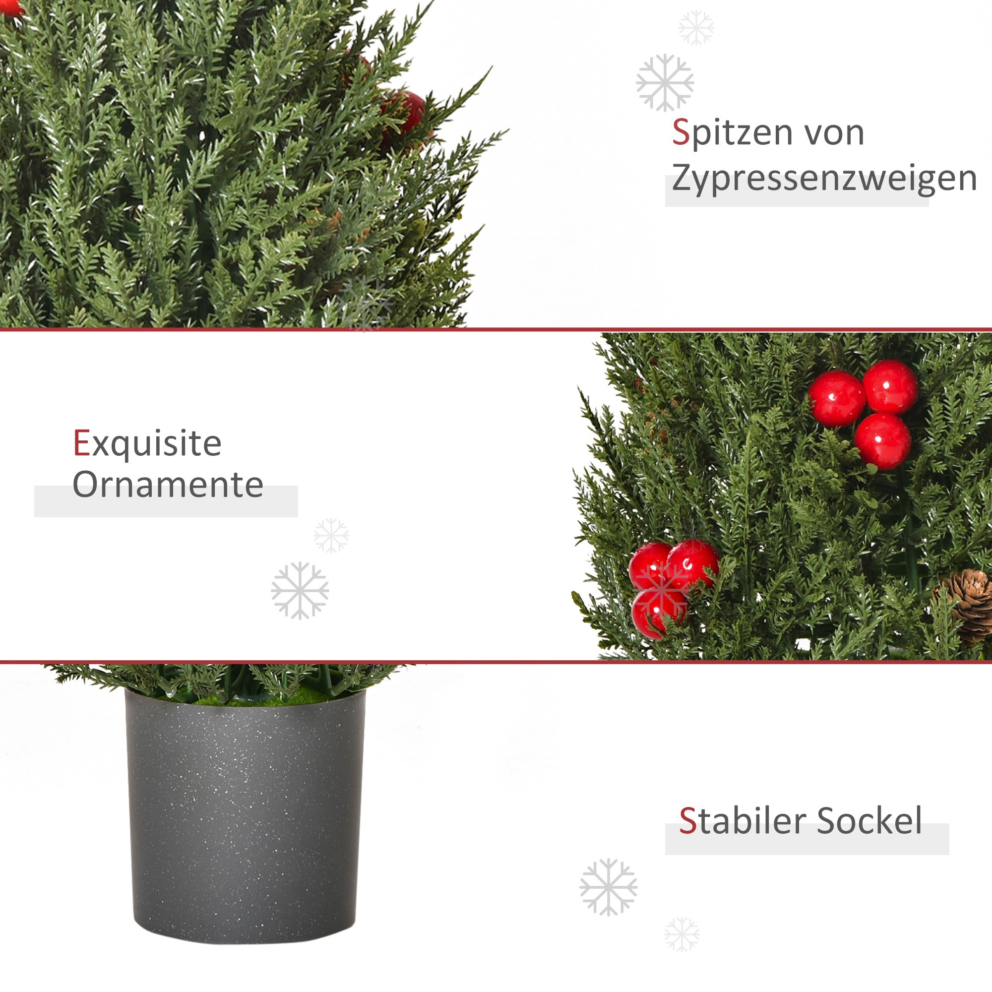 Ein getopfter künstlicher Weihnachtsbaum mit roten Ornamenten und stabilem Sockel.