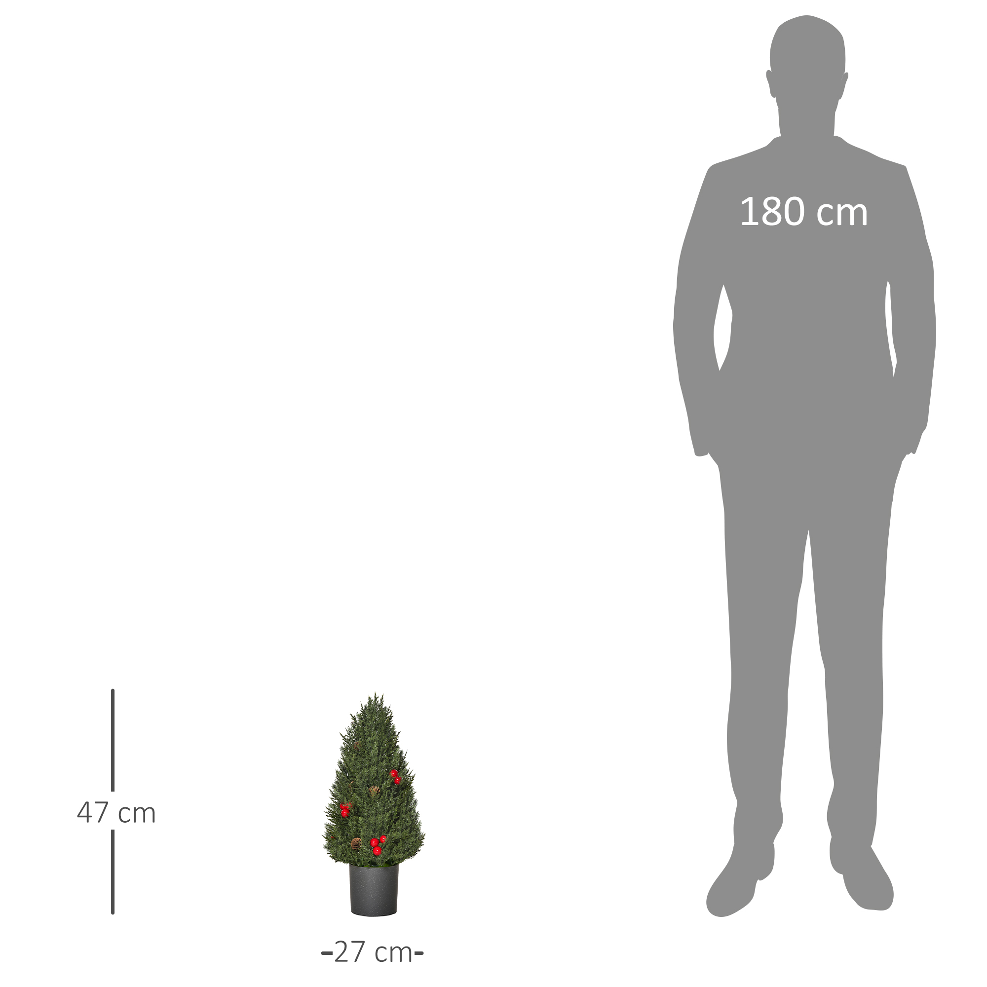Weihnachtsbaum mit roten Ornamenten neben einer Personensilhouette.
