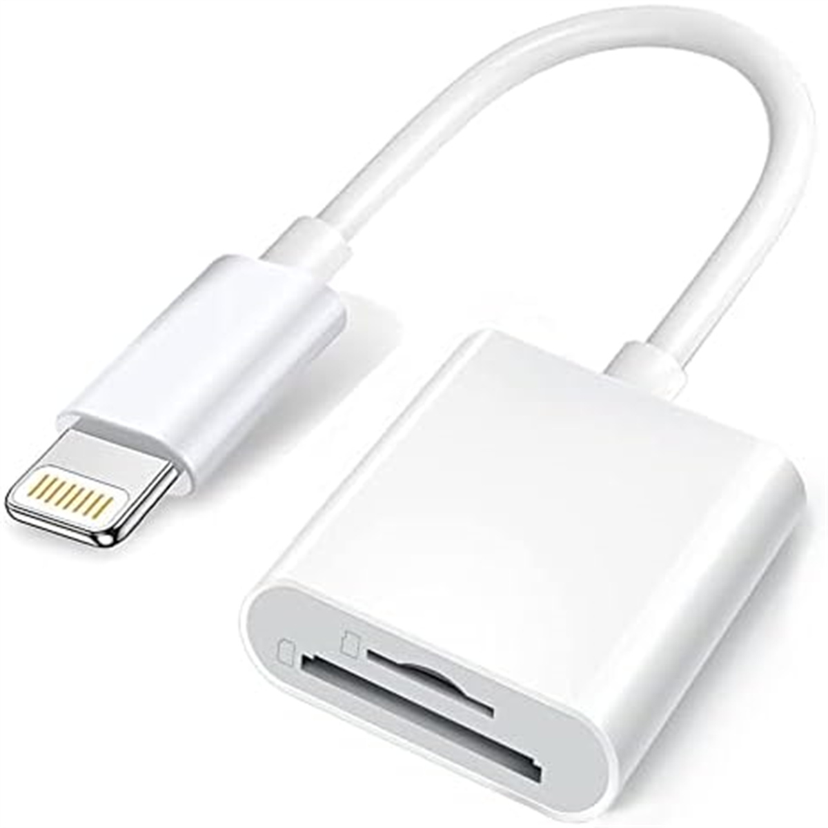 Ein weißes Lightning-auf-SD-Kartenleser-Kabel auf weißem Hintergrund.