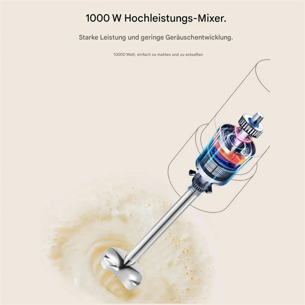 Ein Mixer mit Innenansicht seines Mechanismus. Text: '1000 W Hochleistungs-Mixer' und Leistungsdetails.