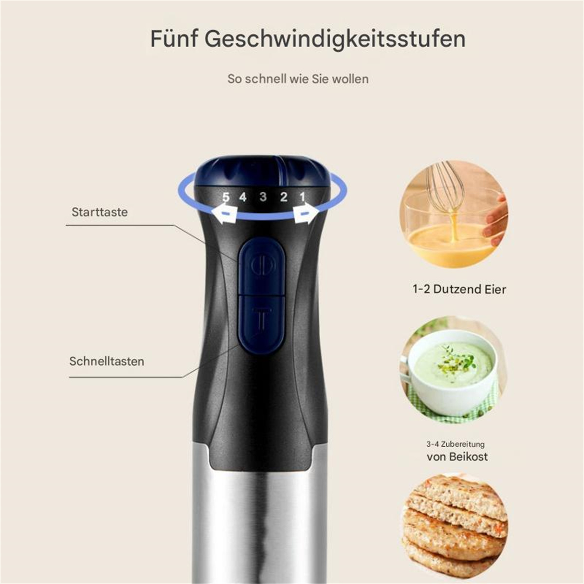 Ein schwarzer und silberner Stabmixer mit Geschwindigkeitseinstellungen und Symbolen für verschiedene Speisenzubereitungen.