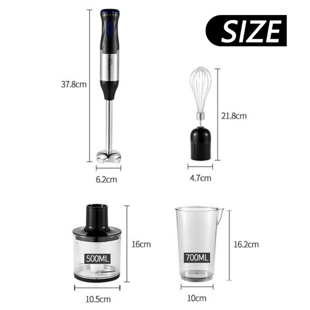 Ein Stabmixer mit drei Aufsätzen: Schneebesen, Behälter und ein kleiner Behälter mit 500 ml Fassungsvermögen.