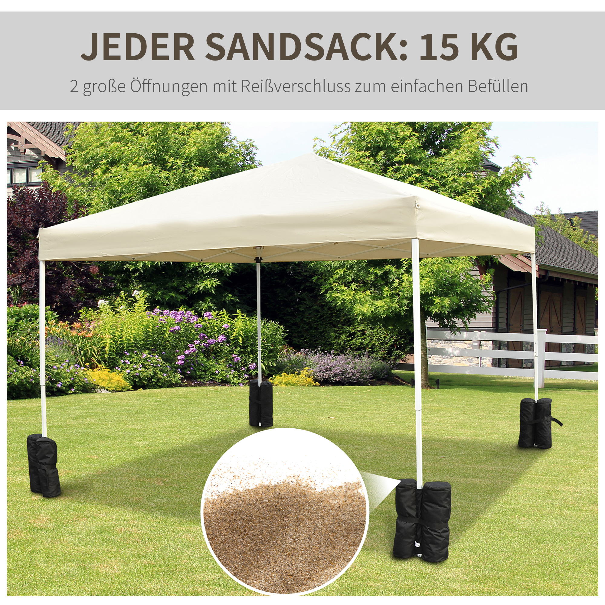 Ein beiger Pavillon mit schwarzen Sandsackgewichten auf einem Rasen.