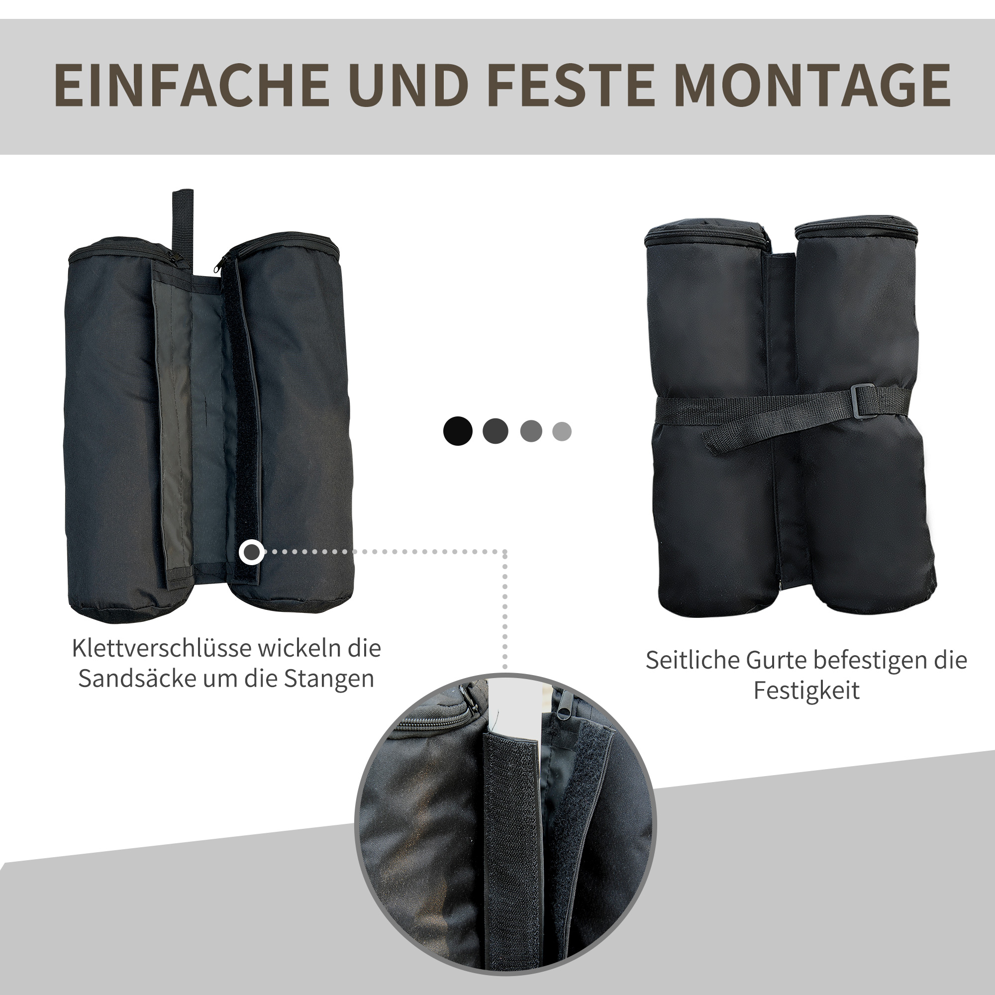 Schwarzes Sandsack-System mit Klettverschlüssen für Stabilität.