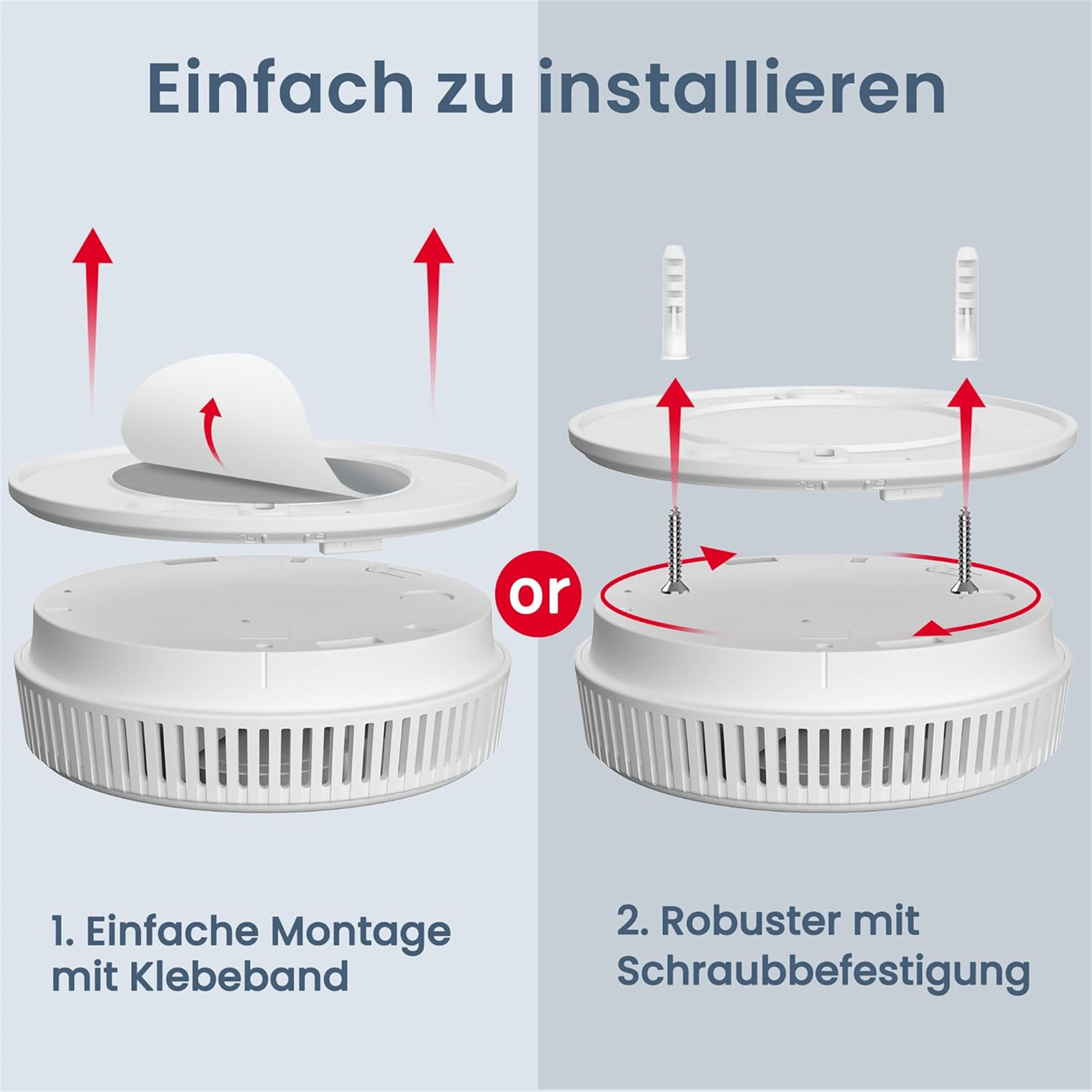 Zwei Diagramme, die zeigen, wie ein Rauchmelder installiert wird. Zwei verschiedene Methoden.