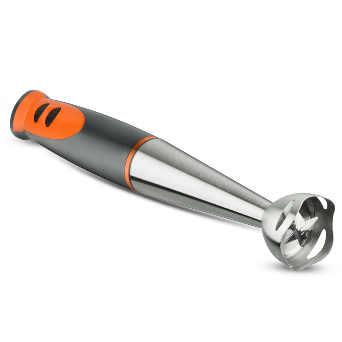 Handmixer mit grauem Gehäuse, orangefarbenen Akzenten und einem Edelstahl-Mixkopf, nach links abgewinkelt.