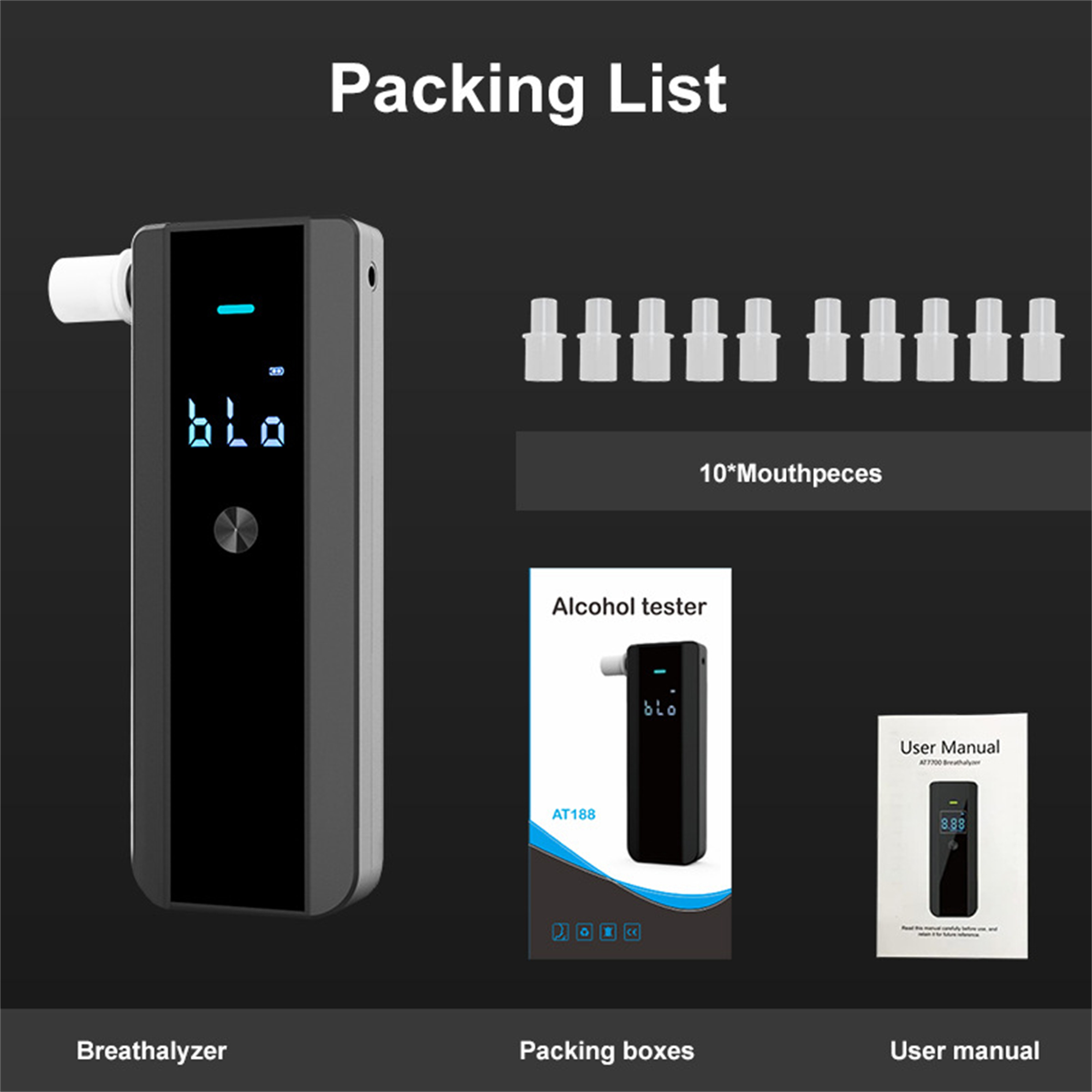 Packliste mit Alkoholtester, Mundstücken, Verpackungskartons und Benutzerhandbuch.