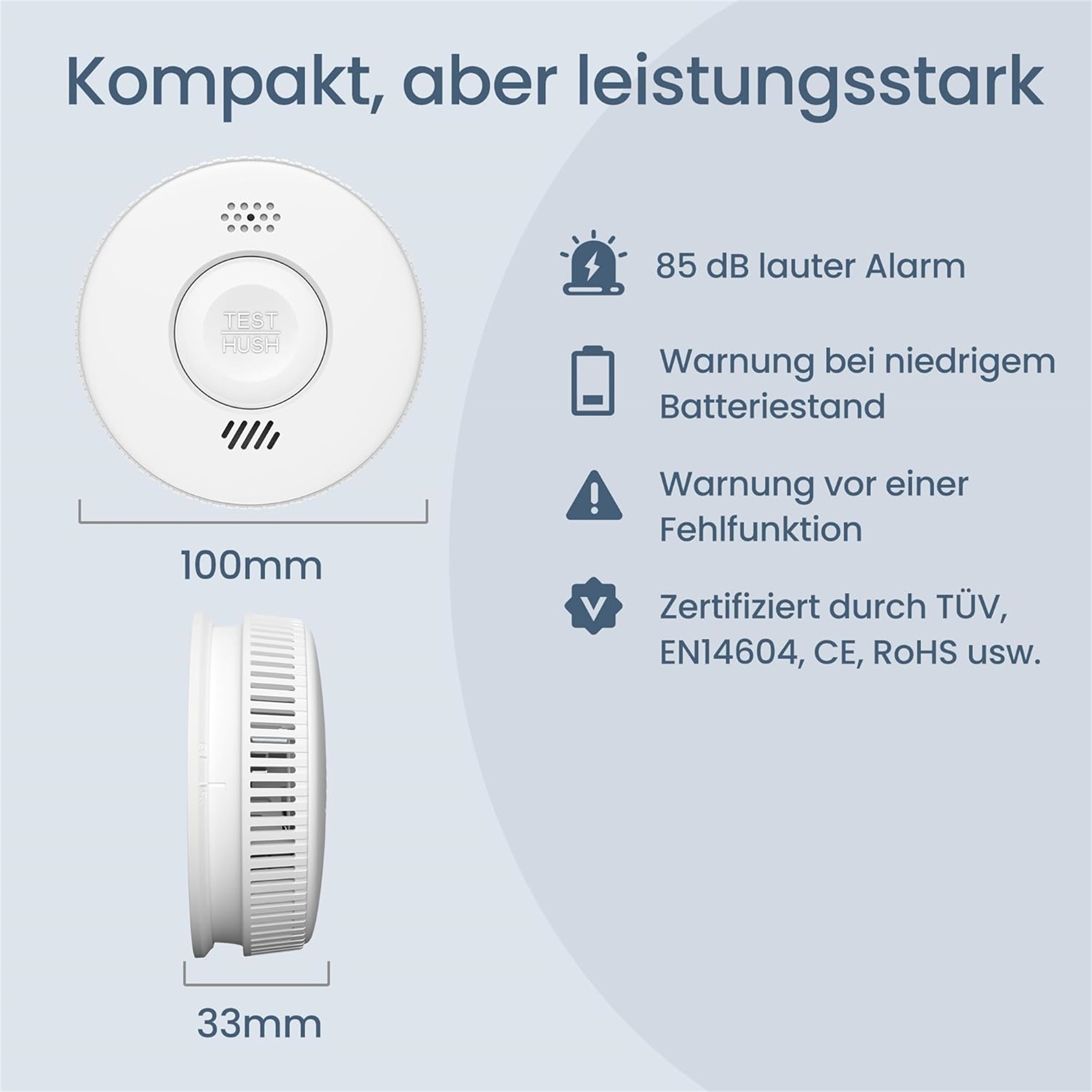 Weißer Rauchmelder mit Abmessungen und Symbolen, die Alarm, niedrigen Batteriestand und Fehlfunktionen anzeigen.