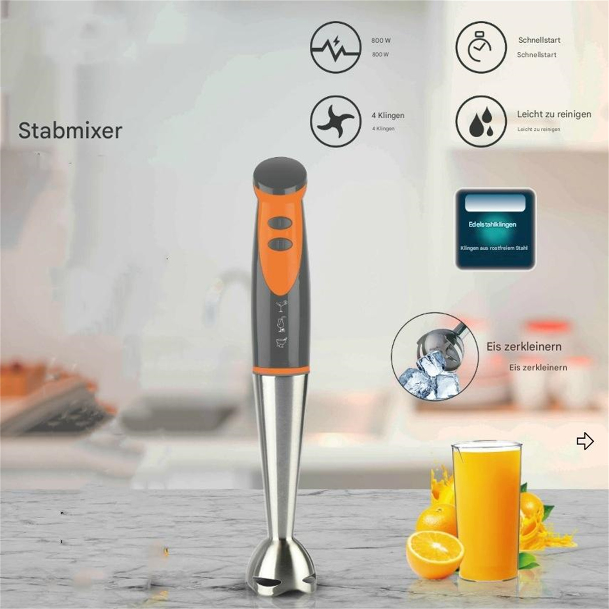 Handmixer mit orangefarbenen und grauen Akzenten. Enthält Symbole: 800W, 4 Klingen, leicht zu reinigen, Eis zerkleinern.