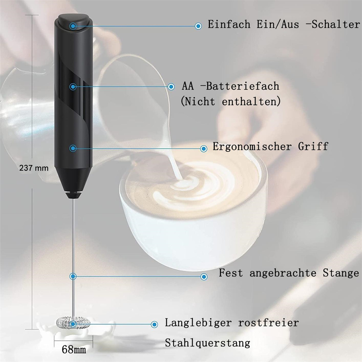 Schwarzer, handgehaltener Milchaufschäumer mit beschrifteten Merkmalen: Schalter, Batteriefach, ergonomischer Griff und Stab.