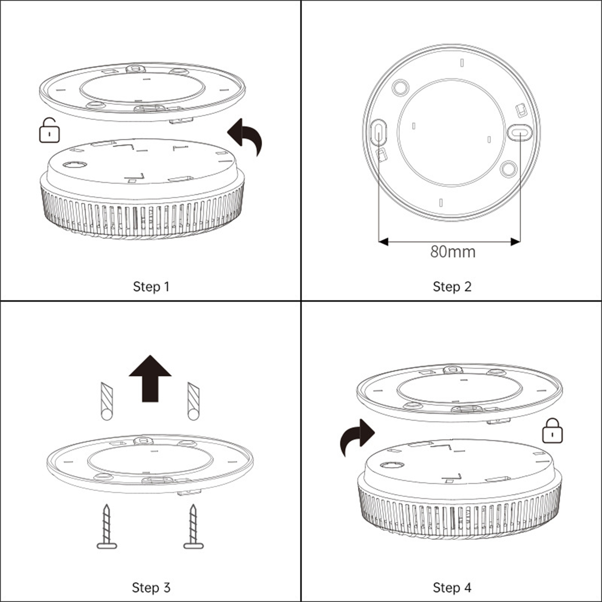 Vier Schritte zur Montage eines runden Geräts in einer schematischen Illustration.