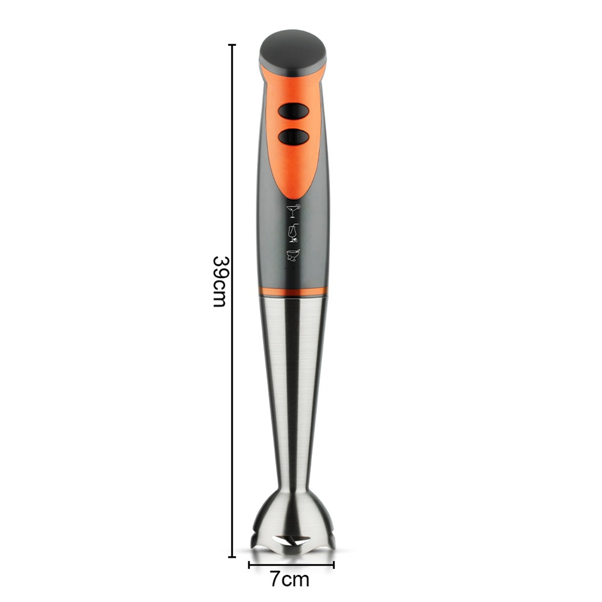 Ein Stabmixer, schwarz, orange und Edelstahl. Zeigt ein 39 cm Maß.