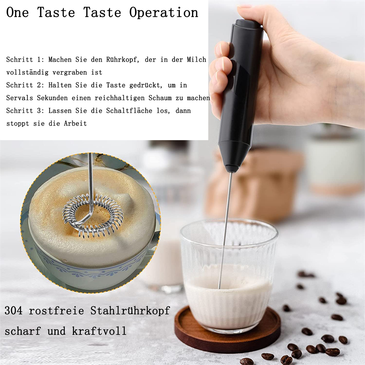 Eine Person benutzt einen Handmilchaufschäumer. Aufschäumer in einem Glas mit Schaum und Kaffeebohnen.