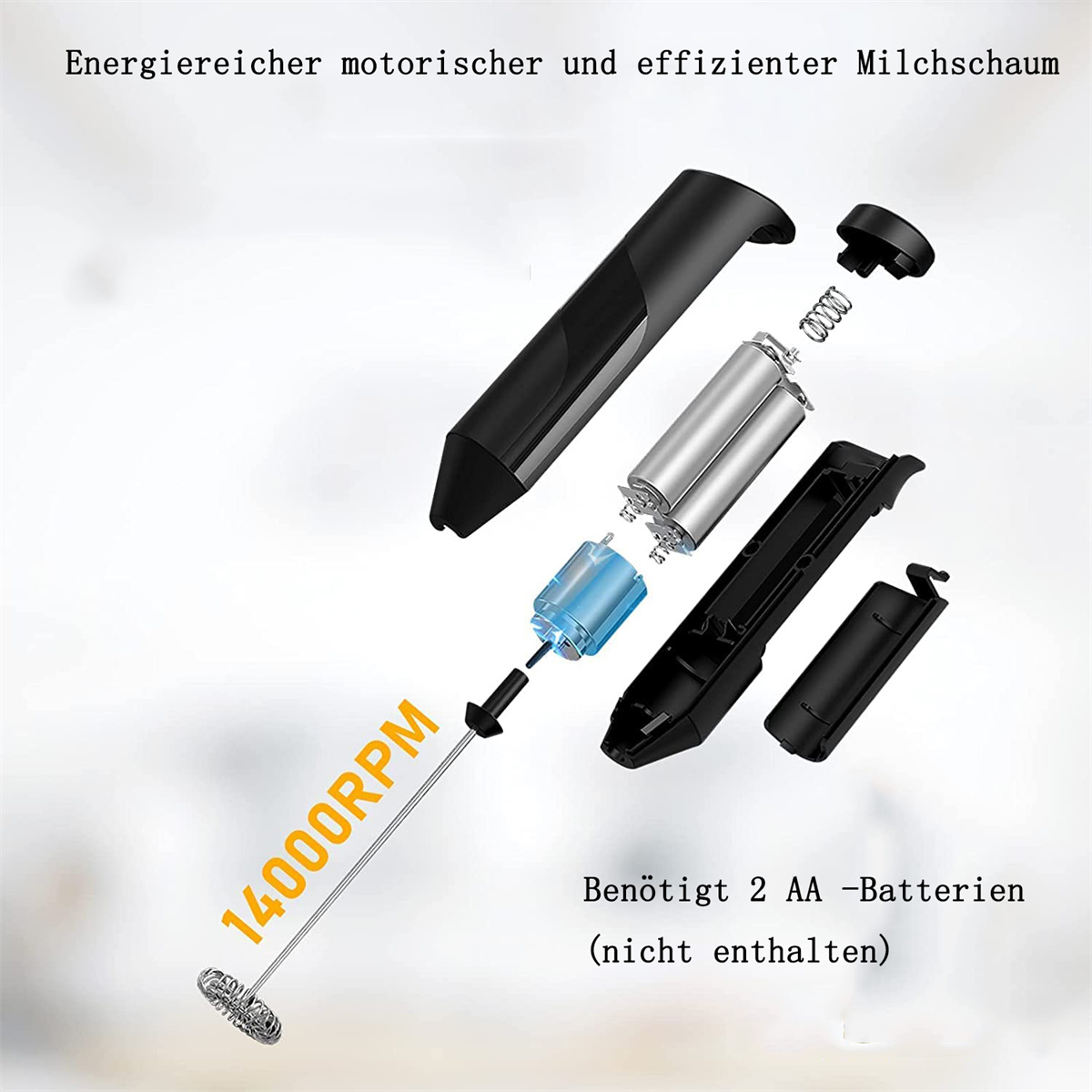 Explosionsansicht eines schwarzen Milchaufschäumers mit 14000 U/min und Batterieanforderungen.