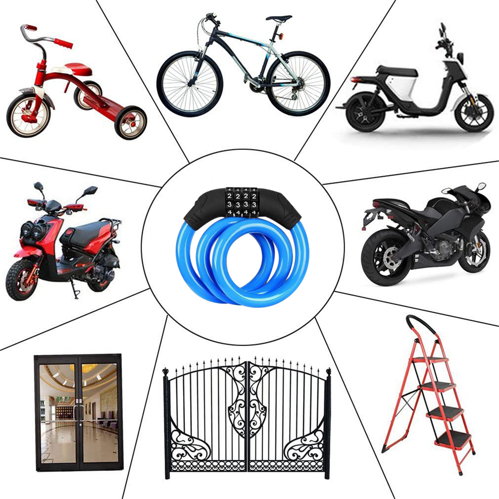 Eine Collage verschiedener Gegenstände: ein Dreirad, ein Fahrrad, ein Roller, ein Motorrad, ein Schloss, ein Tor, eine Leiter und eine Glastür.