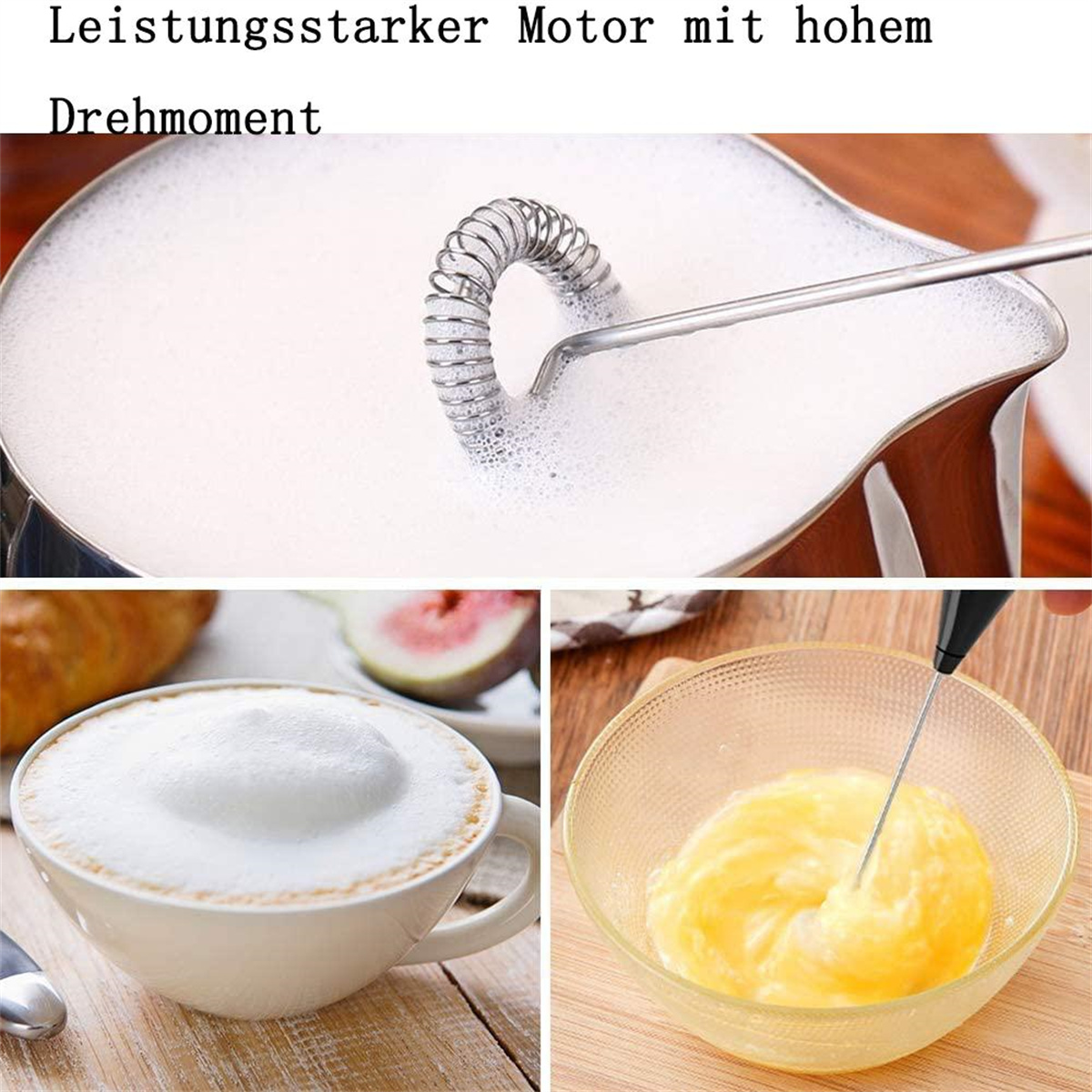 Ein Schneebesen schäumt Milch in einem Metallbehälter auf. Zusätzliche Bilder zeigen Kaffee und Eier.