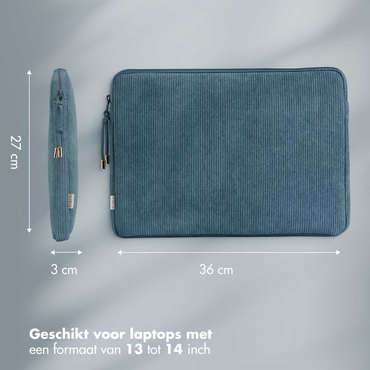 A blue laptop sleeve with side and top views, dimensions shown.