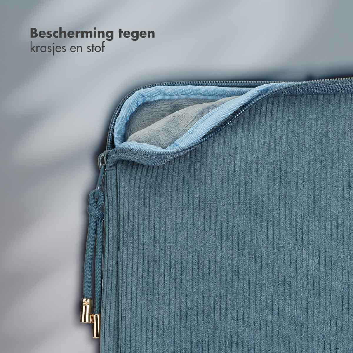 Blue corduroy laptop sleeve, partially open, displaying a fluffy interior.