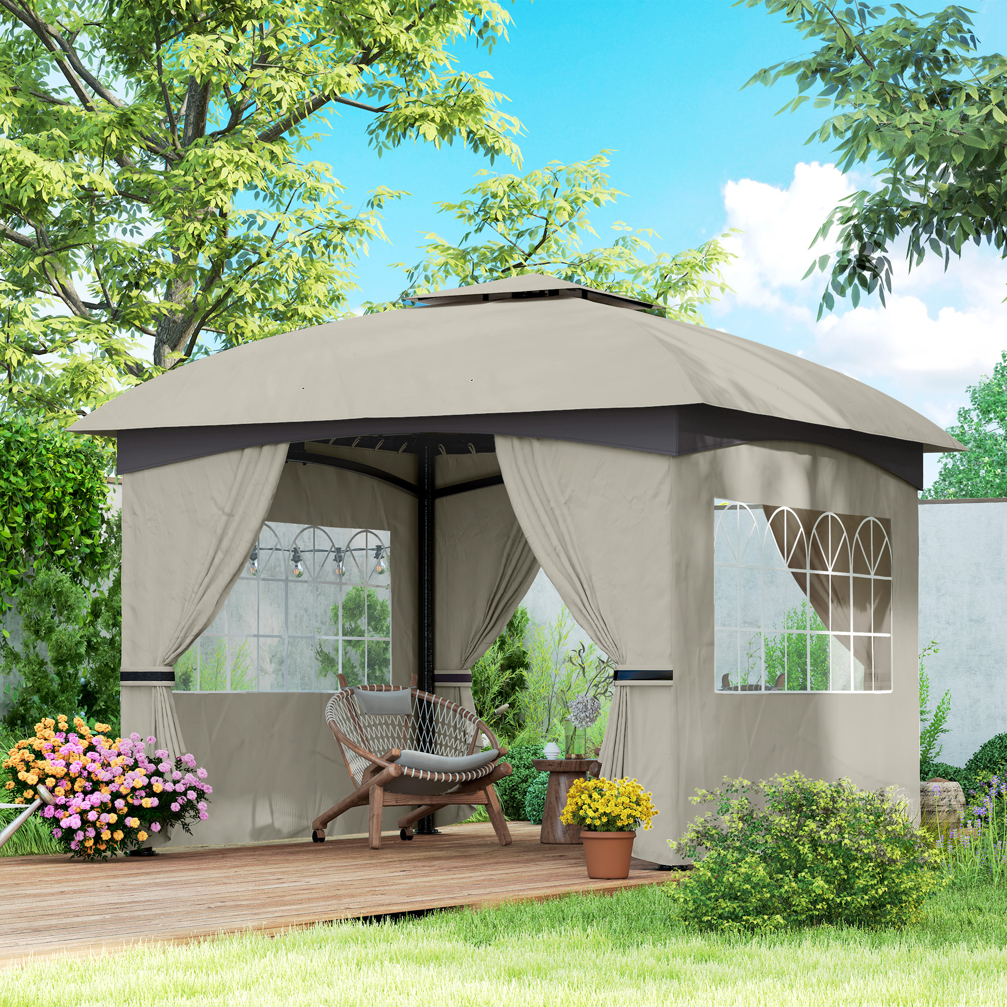 Ein beigefarbener Pavillon in einer Gartenszene mit Vorhängen, einem Stuhl und Blumen.
