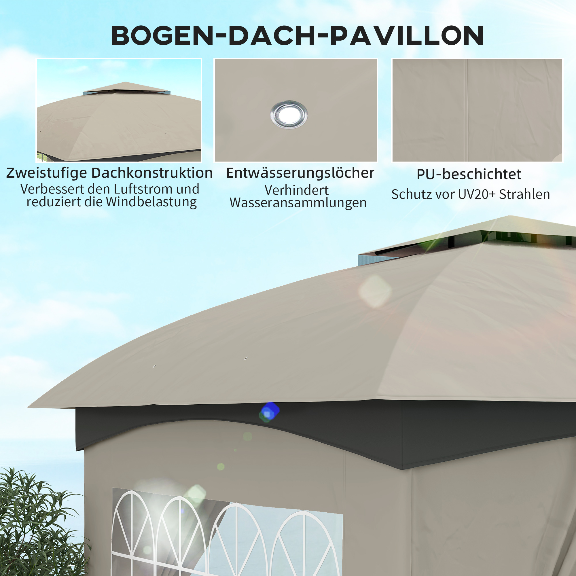 Beiges Pavillondach mit Text. Details: Zweistufiges Dach, Wasserablauflöcher.