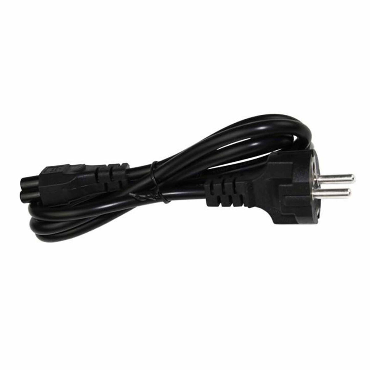 Cable de alimentación negro con enchufe europeo y un extremo conector.