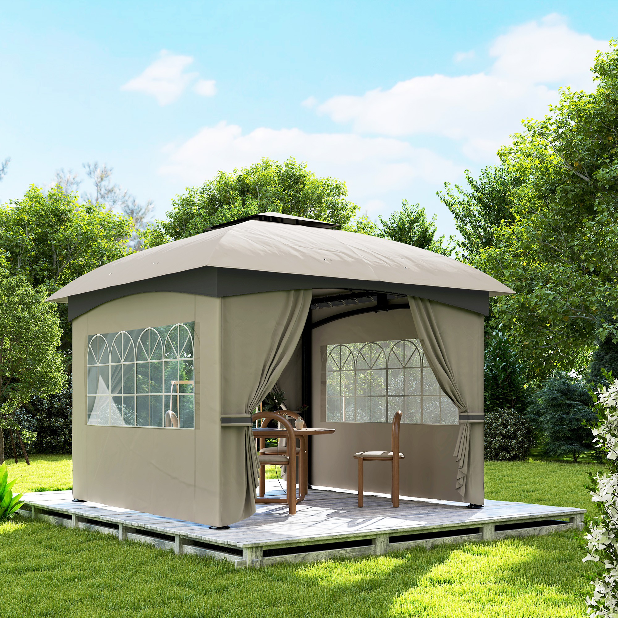 Ein beigefarbener Pavillon in einer Gartenszene mit Tisch und Stuhl.