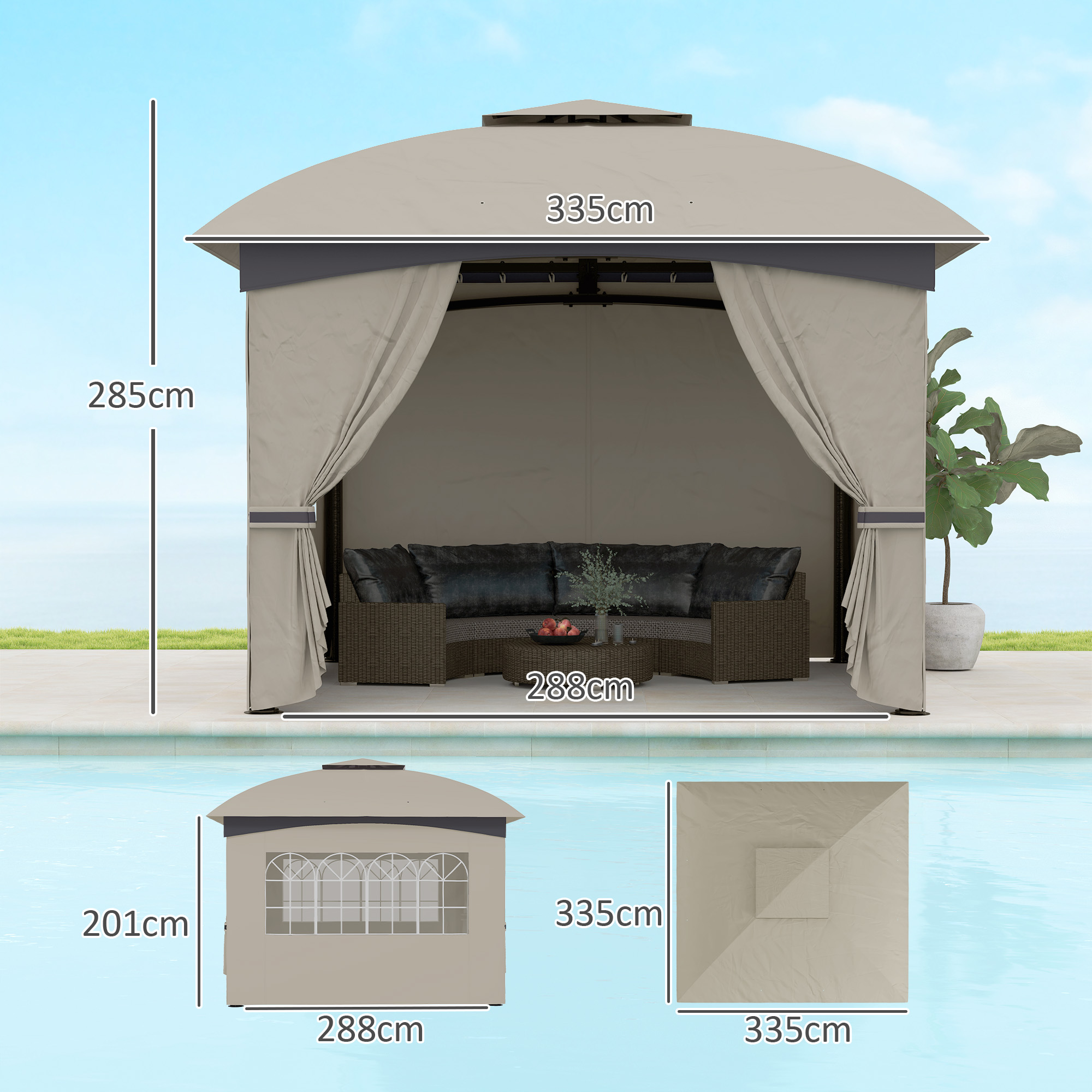 Beiger Pavillon mit Abmessungen, über einem Pool platziert.
