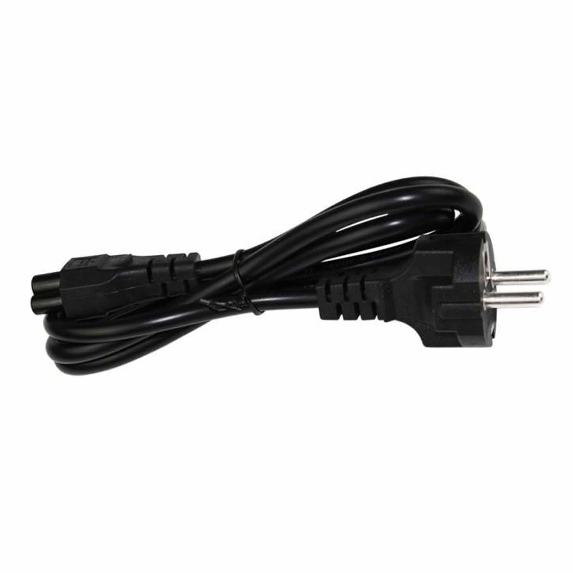 Un cable de alimentación negro con dos conectores, uno en forma de 8, sobre blanco.