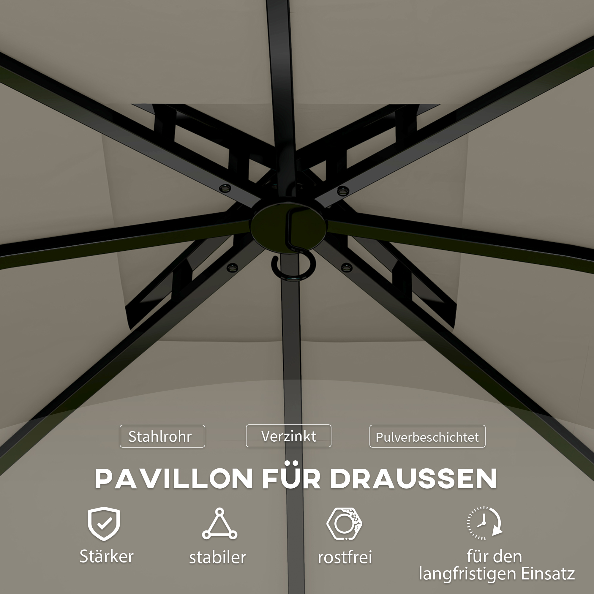 Ansicht von innen eines Pavillons, zeigt den Rahmen und Text 'PAVILLON FÜR DRAUSSEN'.
