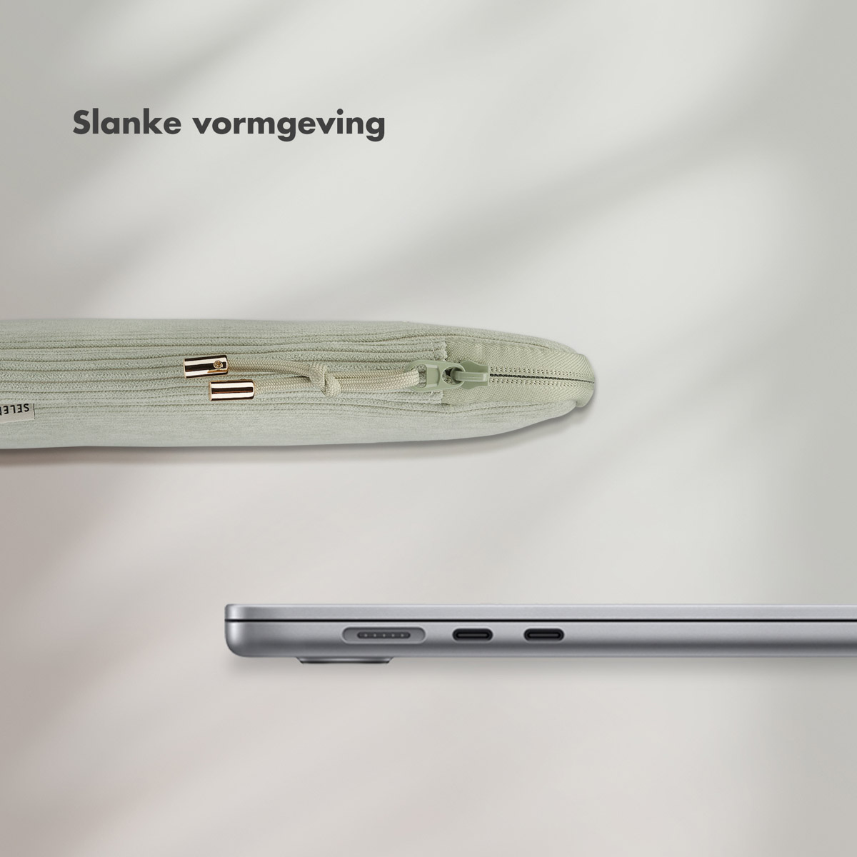 Een laptop en een hoes met een rits zijn zichtbaar. De hoes is lichtgroen, de achtergrond is wit.