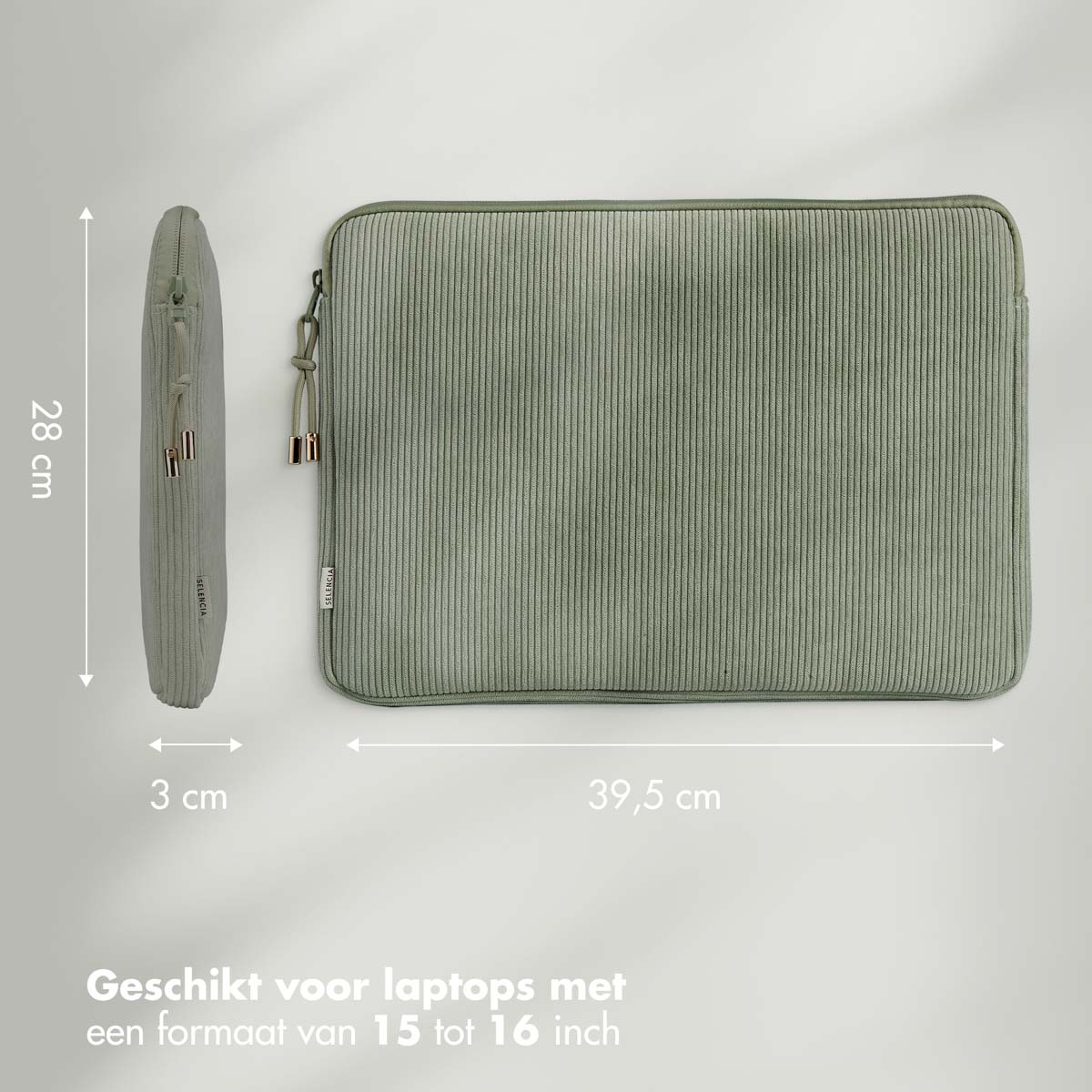Groene laptoptas met afmetingen: 28cm x 39.5cm x 3cm. Tekst: geschikt voor 15-16 inch laptops.