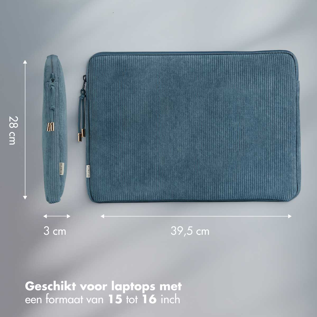 Blaue Laptoptasche, Abmessungen sind angegeben. Der Text unten lautet: Geeignet für Laptops mit einer Größe von 15 bis 16 Zoll.