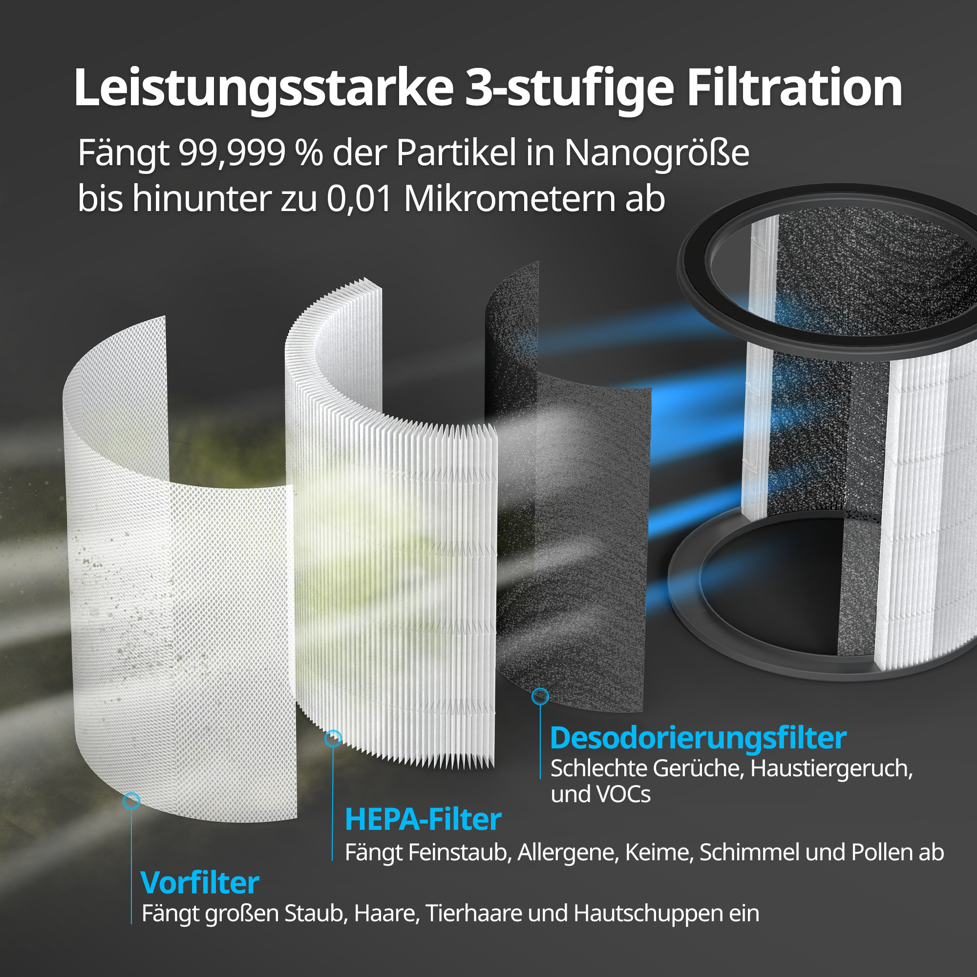 Diagramm eines Filtersystems mit Schichten: Vorfilter, HEPA-Filter und Desodorierungsfilter.