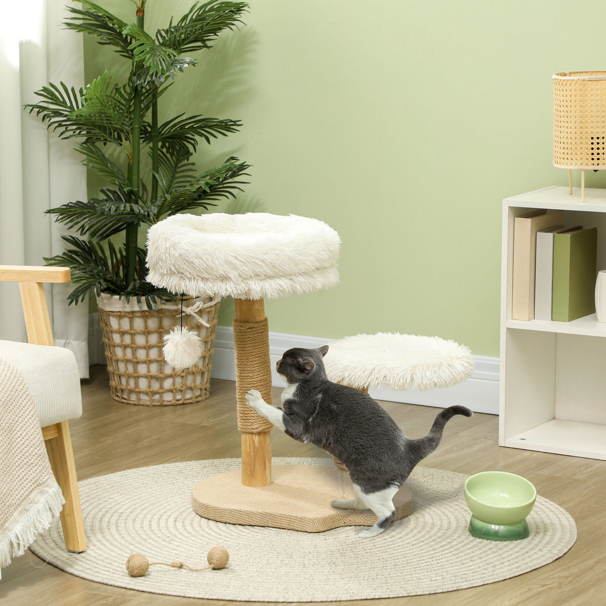 Eine Katze spielt auf einem Kratzbaum. Im Hintergrund befinden sich eine Pflanze, eine Schüssel und ein Stuhl.