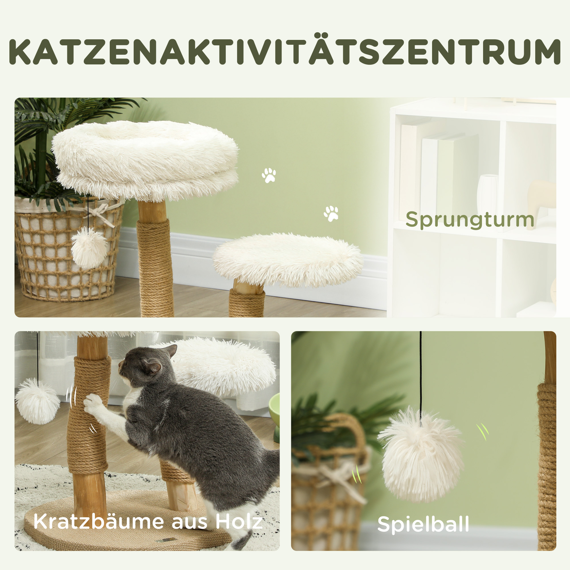 Katzenbaum mit Plattformen und Katze beim Spielen. Enthält Pompons und Katze.