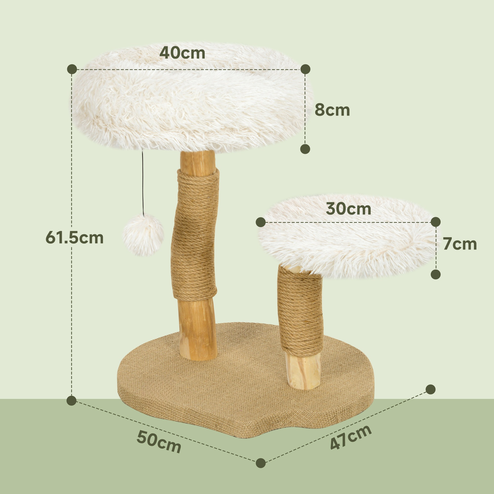 Katzenbaum mit zwei Plattformen. Beige- und Weißtöne. Abmessungen sind mit Pfeilen und Text dargestellt.