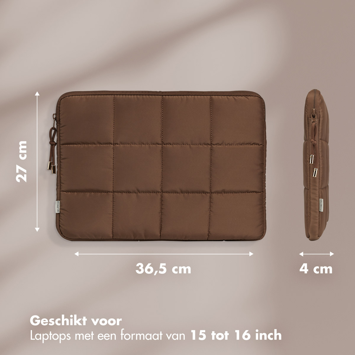 Braune, gesteppte Laptoptasche mit Maßen, geeignet für 15-16 Zoll Laptops.