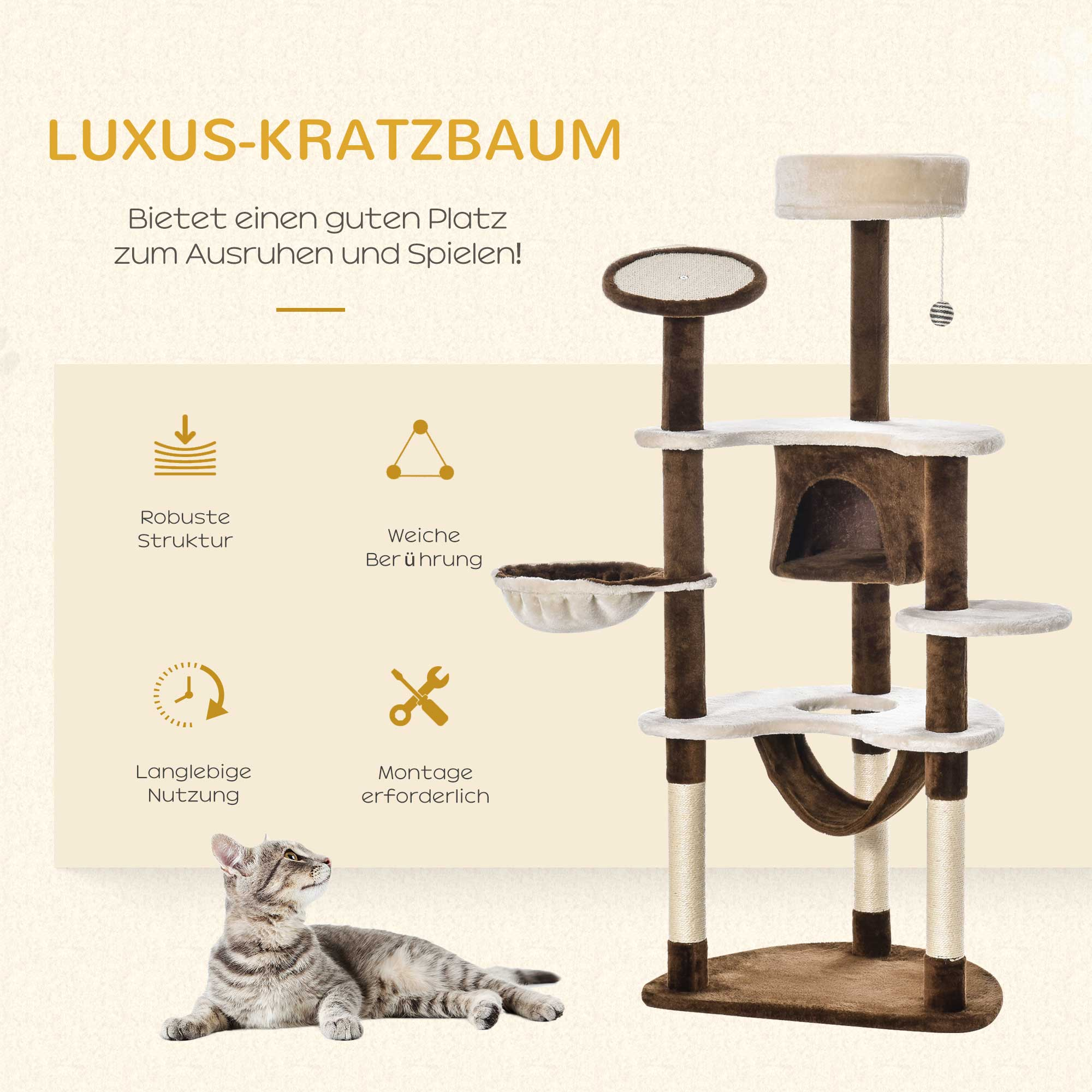 Katzenbaum mit mehreren Ebenen, Kratzbäumen und einer Katze am Boden. Text auf Deutsch.