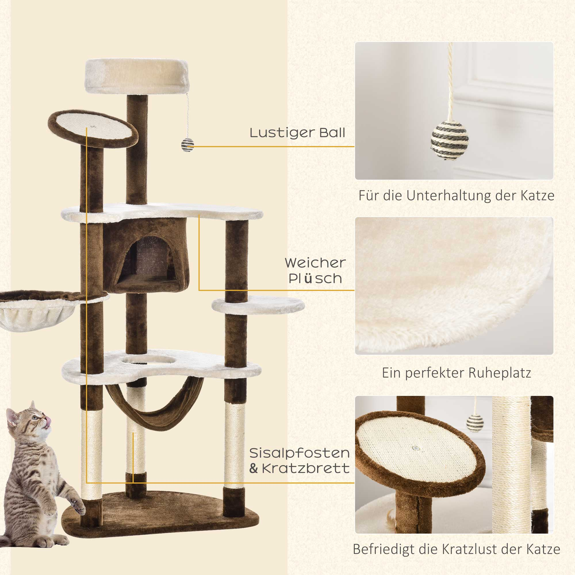 Kratzbaum mit mehreren Ebenen, Kratzpfosten und einer Katze.