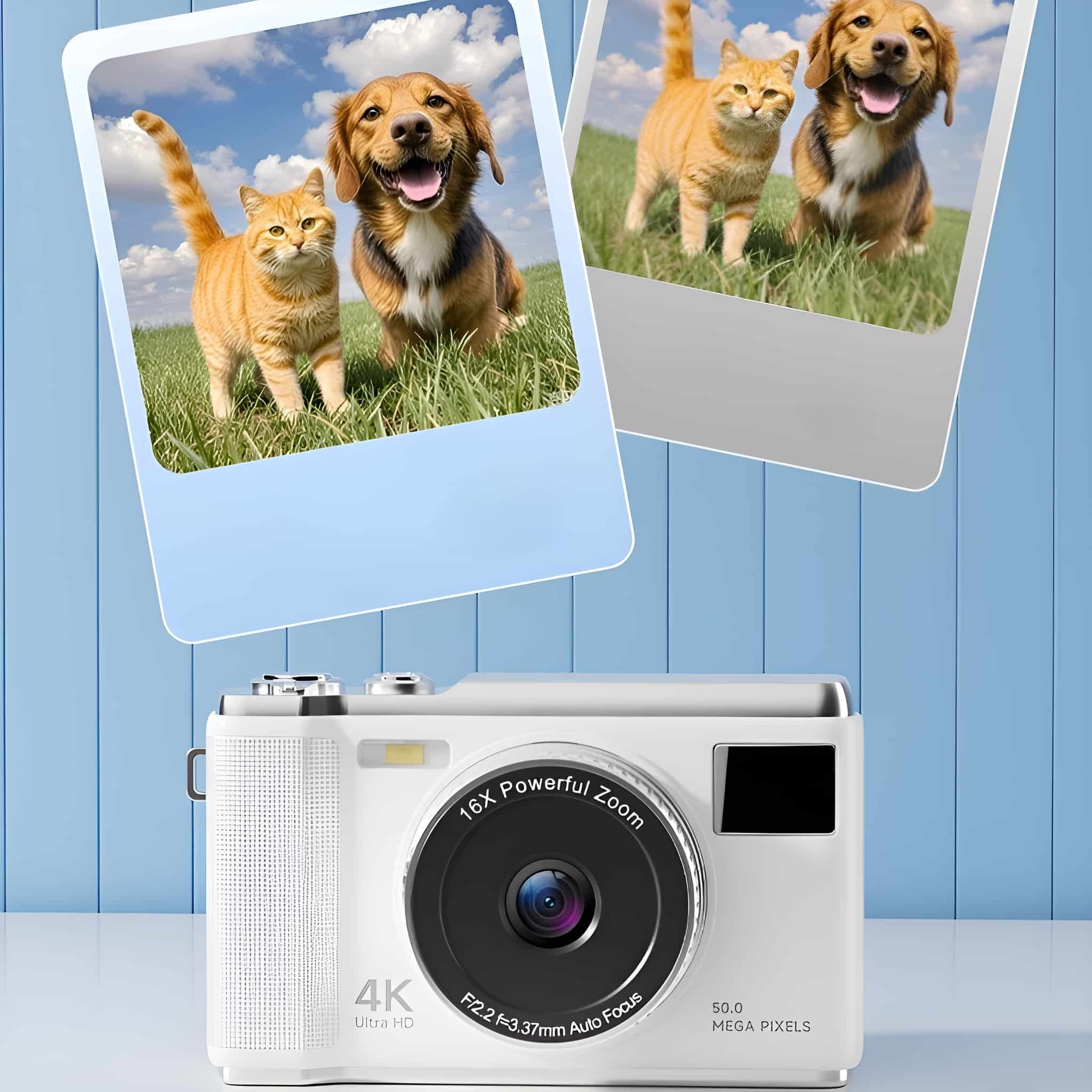 Weiße Kamera mit Fotos von Hund und Katze auf einer grünen Wiese.