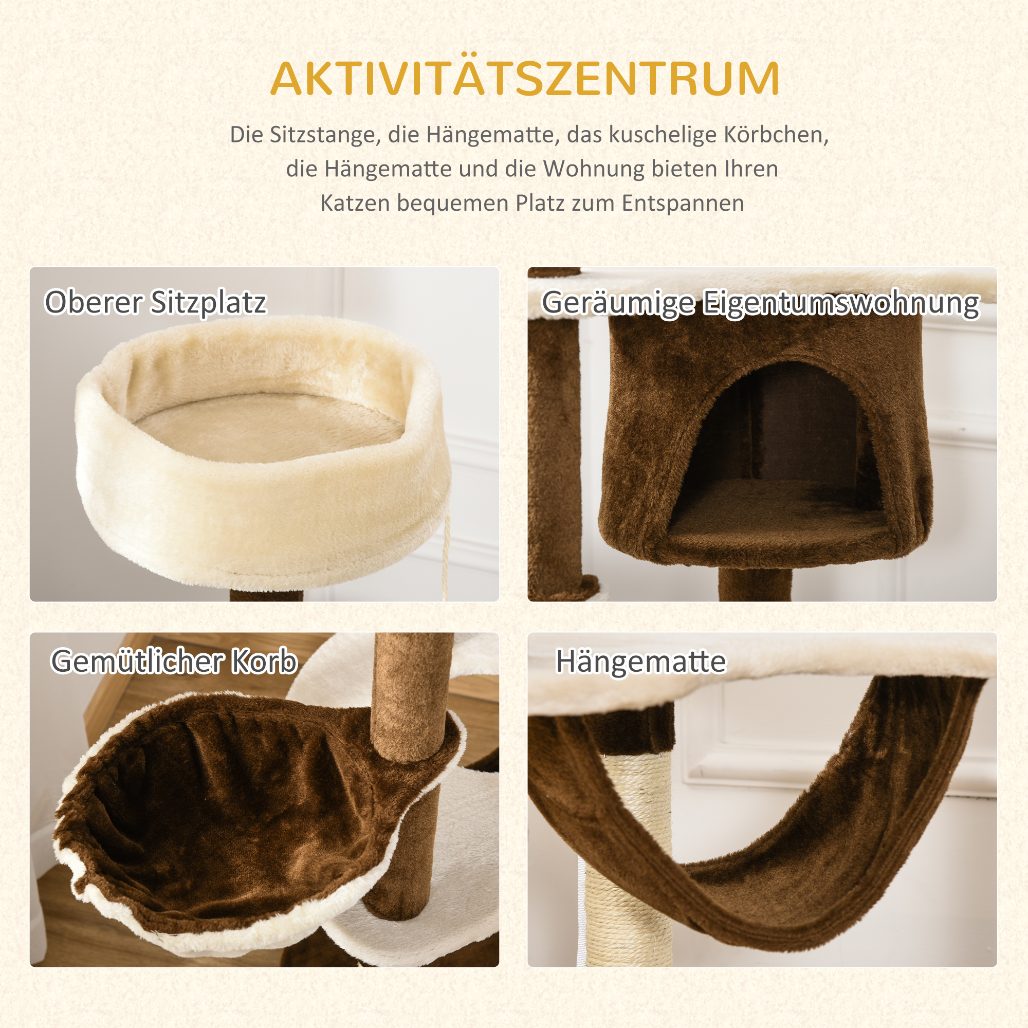 Ein Katzenbaum mit mehreren Ebenen, einschließlich Bett, gemütlichem Korb und Hängematte.