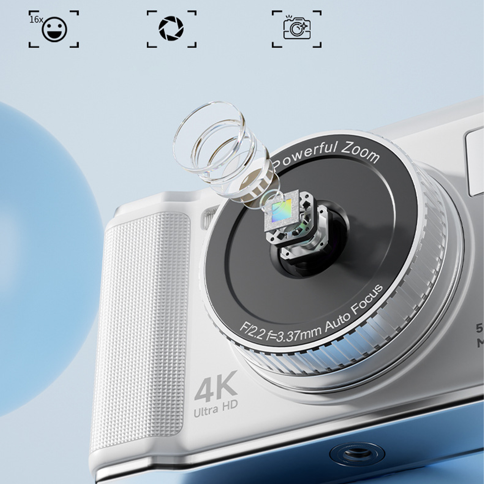 Weiße Kamera mit Zoomobjektiv und Text über Funktionen und 4K Ultra HD.