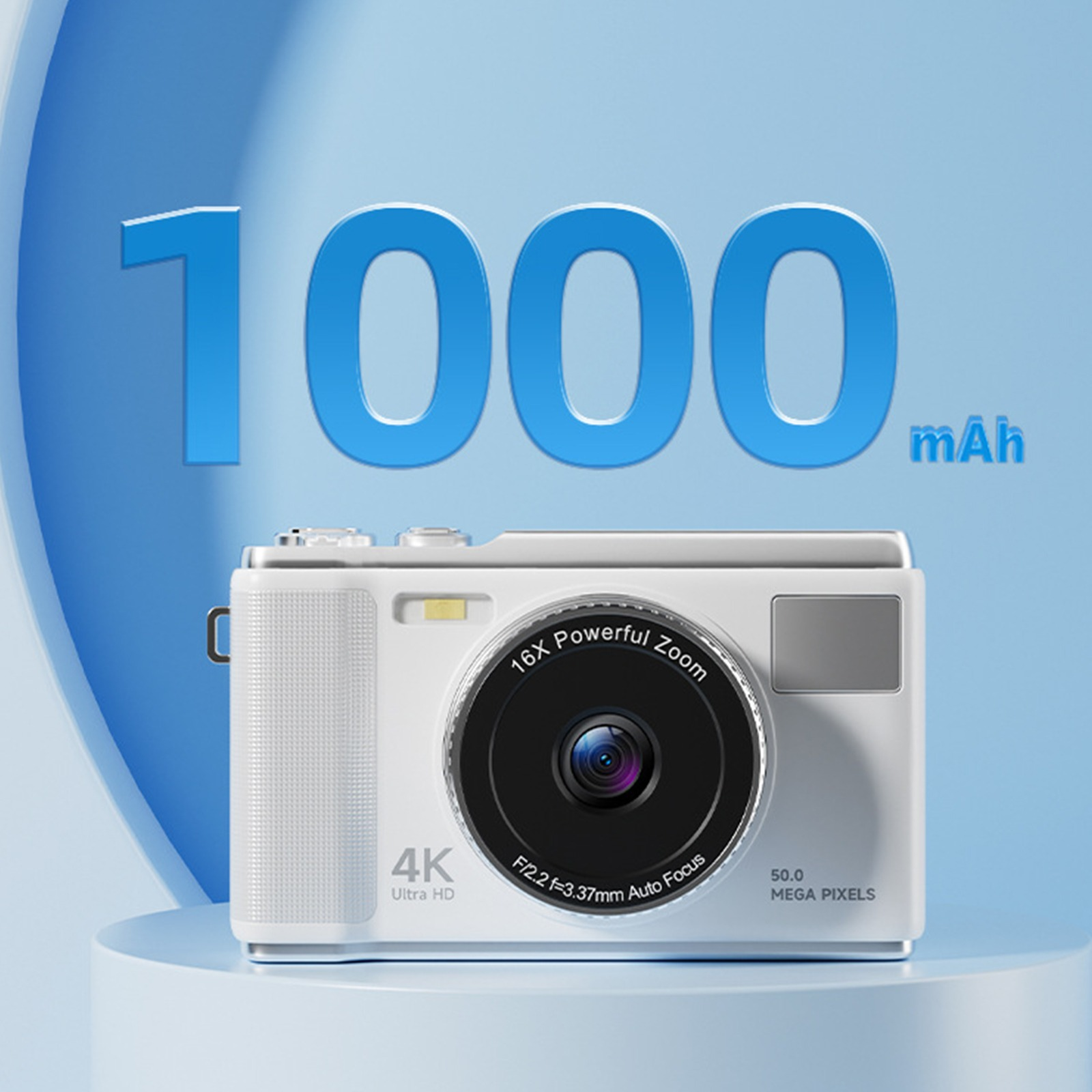 Weiße Kamera mit Zoom und 4K Ultra HD. Blauer Hintergrund mit großem mAh-Text.
