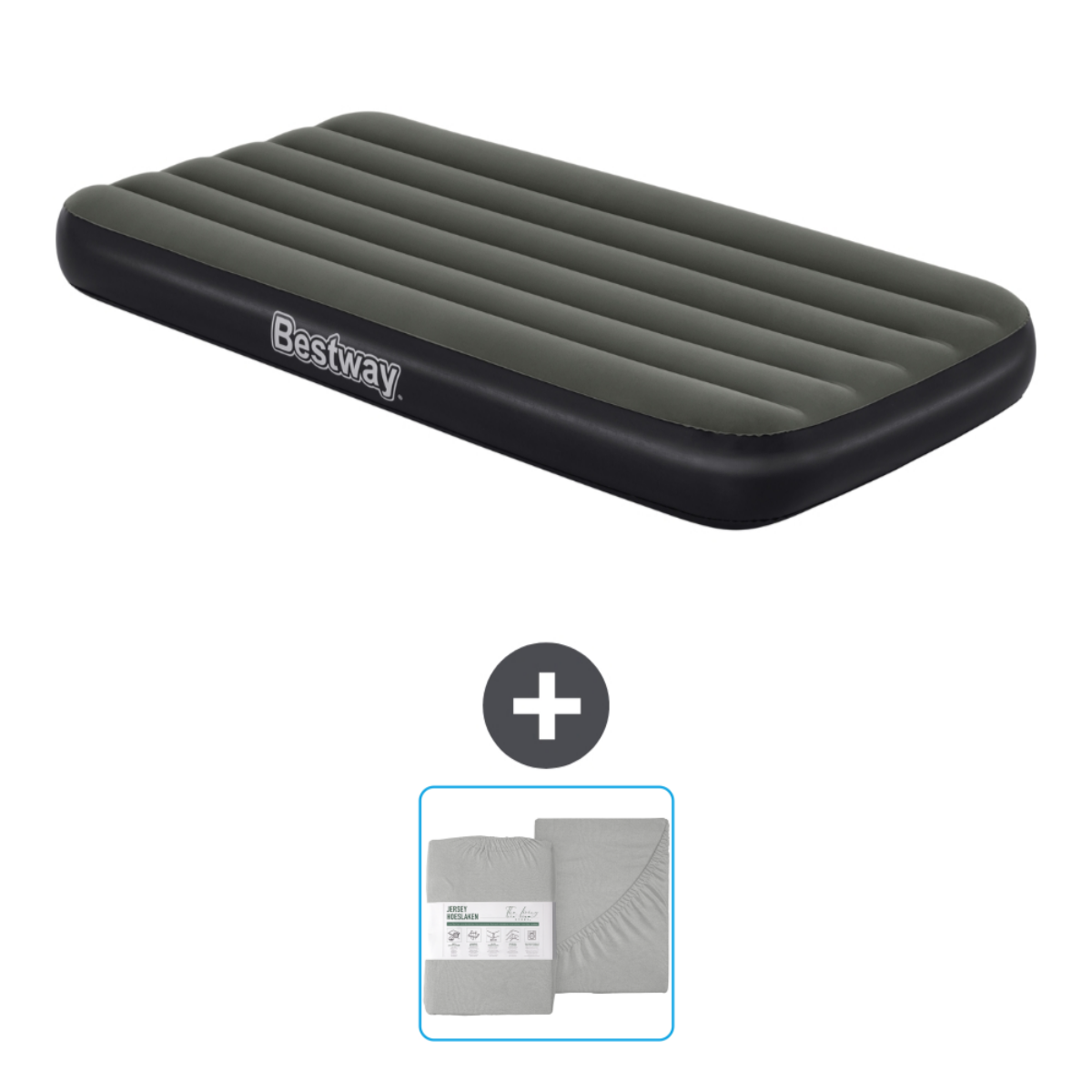 Matelas gonflable et ensemble de literie. Matelas gonflable gris avec bord noir et draps gris.