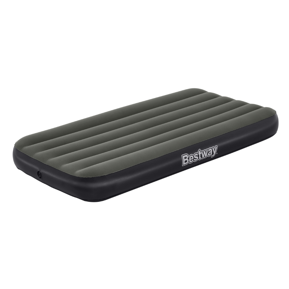Grijs opblaasbaar matras op witte achtergrond. Bestway-logo.